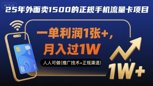 25年外面卖1500的正规手机流量卡项目，一单利润1张+，月入过1W，人人可做(推广技术+正规渠道)【揭秘】-日入300副业网