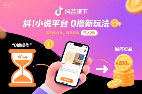 抖音旗下小说平台0撸新玩法，每天挂G60分钟，简单无脑，日入2张【揭秘】-日入300副业网