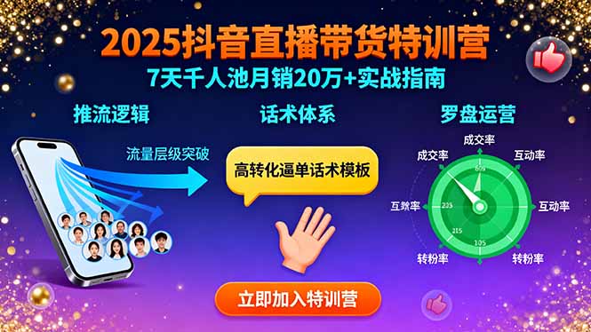 2025抖音直播带货特训：推流逻辑、话术体系、罗盘运营,7天千人池月销20万+-日入300副业网