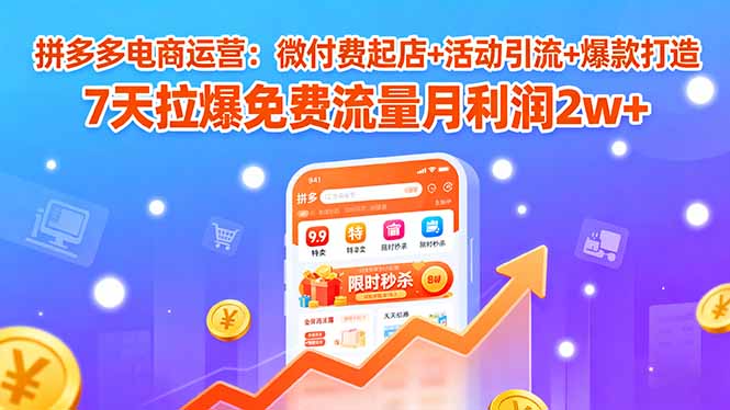 拼多多电商运营：微付费起店+活动引流+爆款打造 7天拉爆免费流量月利润2w+-日入300副业网