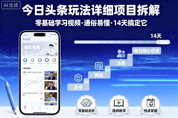 今日头条玩法详细项目拆解，零基础学习视频 通俗易懂 14天搞定它-日入300副业网