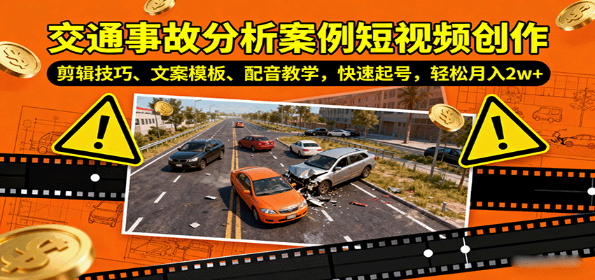 交通事故分析案例短视频创作，剪辑技巧、文案模板、配音教学，快速起号，轻松月入2w+-日入300副业网