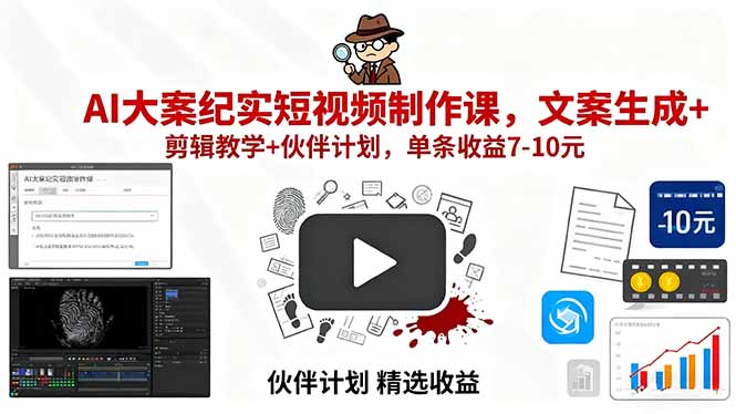AI大案纪实短视频制作课，文案生成+剪辑教学+伙伴计划，单条收益7-10元-日入300副业网