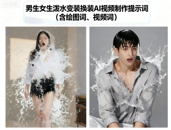 男生女生泼水变装换装AI视频制作提示词(含绘图词、视频词)-日入300副业网