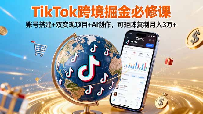 TikTo跨境掘金必修课，账号搭建+双变现项目+AI创作，可矩阵复制月入3万+-日入300副业网
