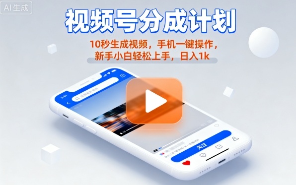 视频号分成计划懒人玩法，10秒生成视频，手机一键操作，新手小白轻松上手，日入1K【揭秘】-日入300副业网