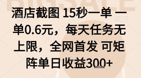 酒店截图项目，15秒一单，一单0.6米，每天任务无上限，全网首发可矩阵单日收益3张+【揭秘】-日入300副业网
