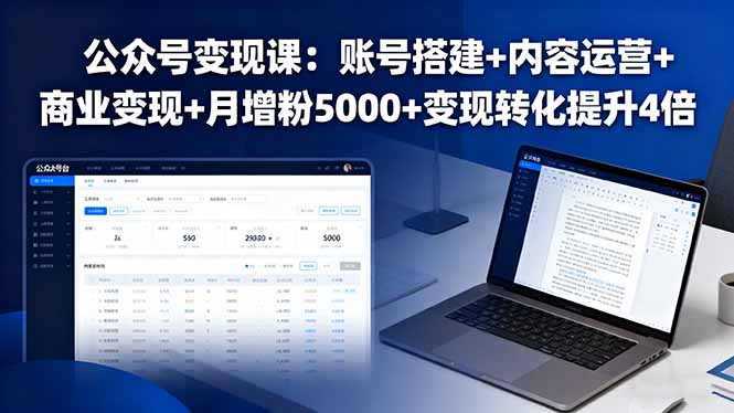 公众号变现课：账号搭建+内容运营+商业变现+月增粉5000+变现转化提升4倍-日入300副业网