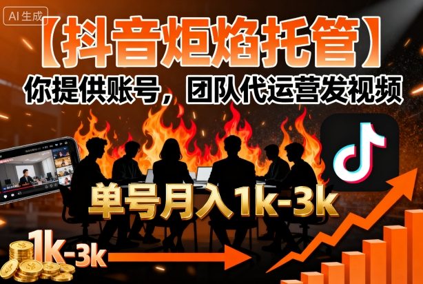 【抖音炬焰托管】你提供账号，团队代运营发视频，单号月入1k+【揭秘】-日入300副业网