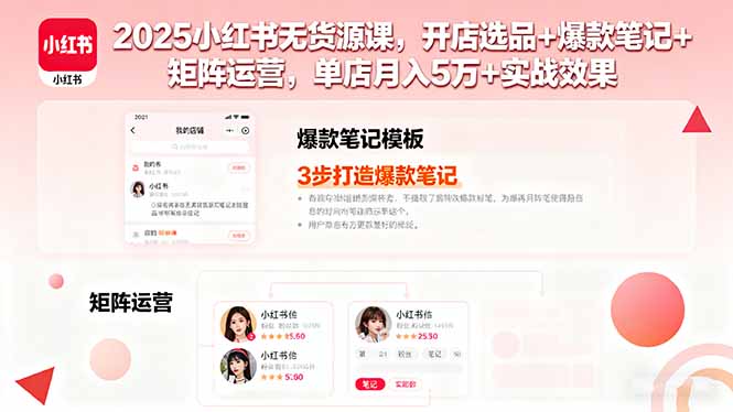 2025小红书无货源课，开店选品+爆款笔记+矩阵运营，单店月入5万+实战效果-日入300副业网