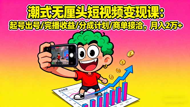潮式无厘头短视频变现课：起号出号/完播收益/分成计划/商单接洽，月入2万+-日入300副业网