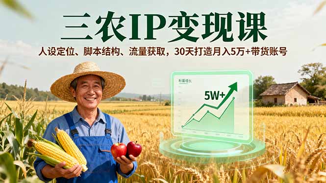 三农IP变现课，人设定位、脚本结构、流量获取，30天打造月入5万+带货账号-日入300副业网