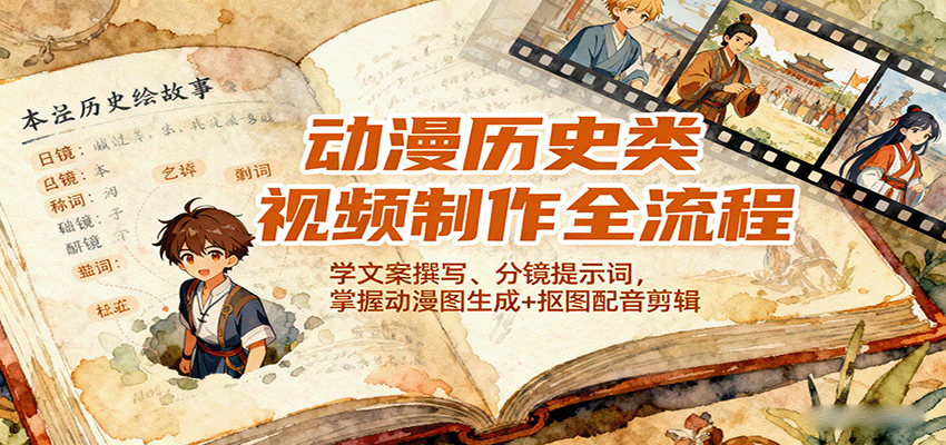 动漫历史类视频制作全流程，学文案撰写、分镜提示词，掌握动漫图生成+抠图配音剪辑-日入300副业网