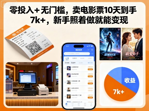 零投入+无门槛，卖电影票10天到手7k+，新手照着做就能变现【揭秘】-日入300副业网