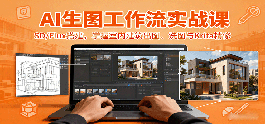 AI生图工作流实战课：SD/Flux搭建，掌握室内建筑出图、洗图与Krita精修-日入300副业网