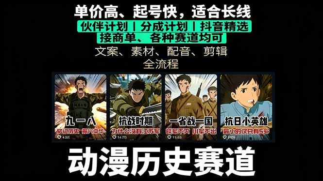 历史动漫赛道撸分成：起号、文案、素材、配音、剪辑，单视频收益破万-日入300副业网