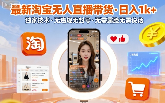 最新淘宝无人直播带货，日入1k+，独家技术，无违规无封号，无需露脸无需说话【揭秘】-日入300副业网
