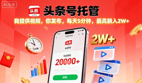 【头条号托管】我提供视频，你发布，每天5分钟，最高躺入2W+【揭秘】-日入300副业网