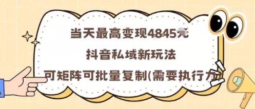 当天最高变现1k+，抖音私域新玩法，可矩阵可批量复制-日入300副业网