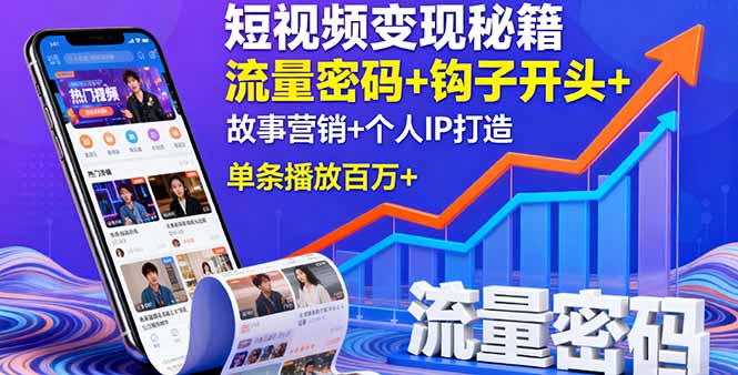 短视频变现秘籍，流量密码+钩子开头+故事营销+个人IP打造，单条播放百万+-日入300副业网