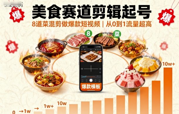 美食赛道剪辑起号，8道菜混剪做爆款短视频，从0到1，流量超高-日入300副业网