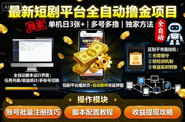 最新短剧平台全自动挂G撸金项目，单机一天3张+，多号多撸，区别于市面所有挂机项目，独家方法【揭秘】-日入300副业网