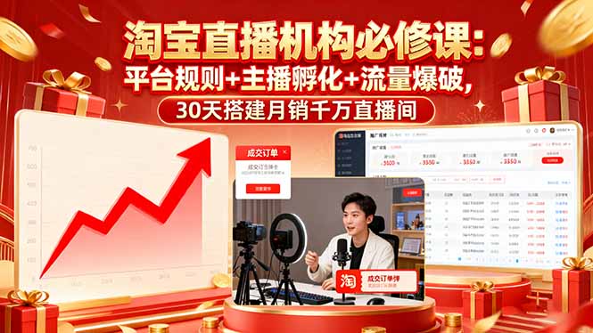 淘宝直播机构必修课：平台规则/主播孵化/流量爆破,30天搭建月销千万直播间-日入300副业网