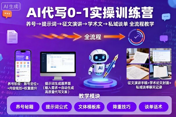 AI代写0-1实操训练营，从养号、提示词、征文演讲、学术文，到私域谈单的全流程教学-日入300副业网
