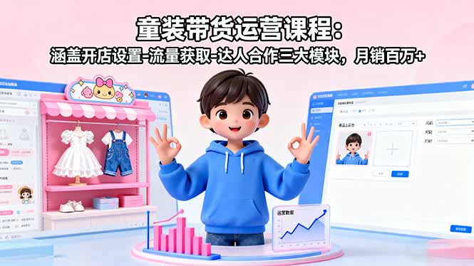 童装带货运营课程：涵盖开店设置-流量获取-达人合作三大模块，月销百万+-日入300副业网