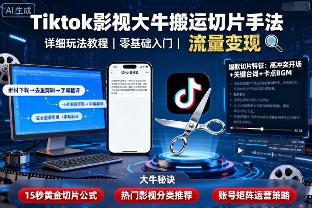 Tiktok影视大牛搬运切片手法，详细玩法教程-日入300副业网