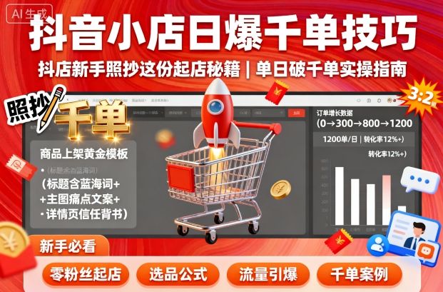 抖音小店日爆千单技巧，抖店新手照抄这份起店秘籍，单日破千单-日入300副业网