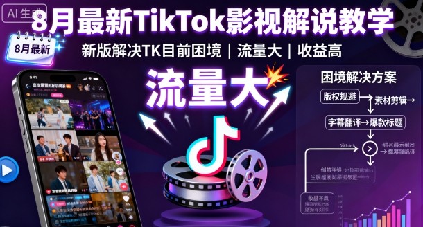 8月最新TikTok影视解说教学，新版解决TK目前困境，流量大，收益高-日入300副业网