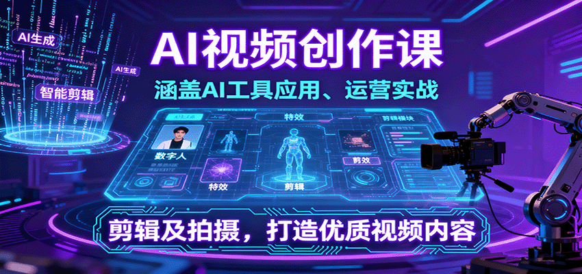 AI视频创作课，涵盖AI工具应用、运营实战、剪辑及拍摄，打造优质视频内容-日入300副业网