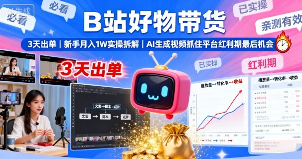 B站好物带货，3天出单，新手月入1W实操拆解，AI生成视频，抓住平台红利期最后机会-日入300副业网