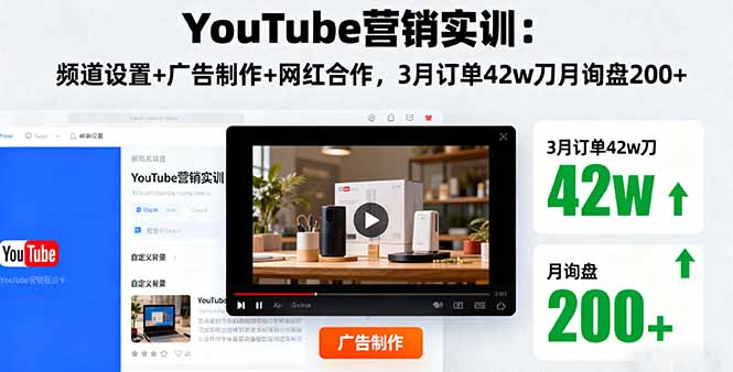 YouTube营销实训：频道设置+广告制作+网红合作，3月订单42w刀月询盘200+-日入300副业网