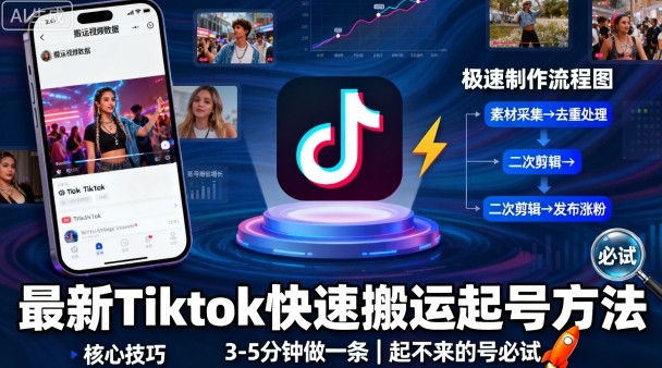 最新Tiktok快速搬运快速起号方法，3-5分钟做一条，起不来的号可以试试-日入300副业网