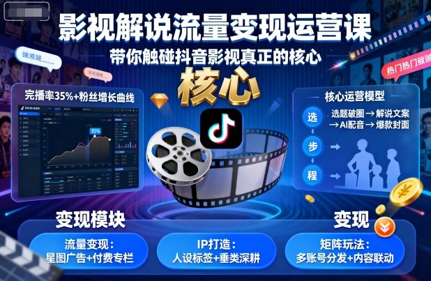 影视解说流量变现运营课，带你触碰抖音影视真正的核心-日入300副业网