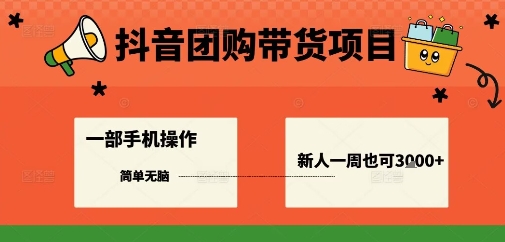 抖音团购带货项目，一部手机简单操作，一周3k+-日入300副业网