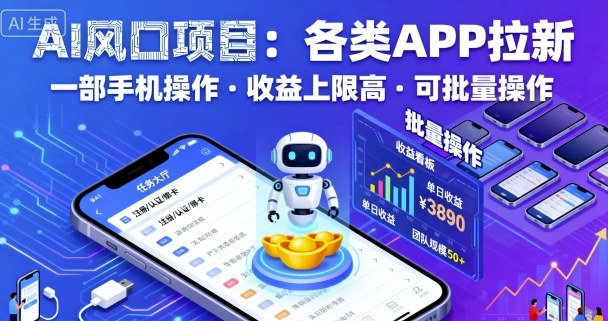 AI风口项目，各类APP拉新，一部手机就可以操作，收益上限高，可批量操作-日入300副业网