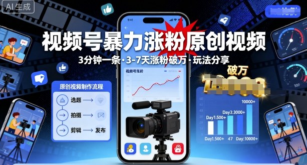 视频号暴力涨粉原创视频，3分钟一条原创视频，3-7天涨粉破万，玩法分享给你-日入300副业网