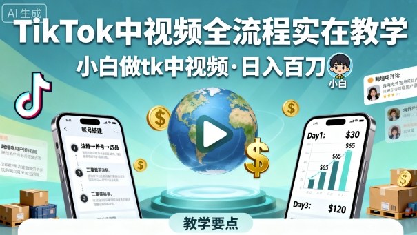 TikTok中视频全流程实操教学，小白做tk中视频，日入百刀-日入300副业网