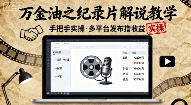 万金油之纪录片解说教学，手把手教你，完全实操，多平台发布撸收益-日入300副业网