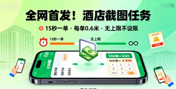 全网首发！酒店截图任务，15秒一单，每单0.6米，任务无上限不设限，矩阵操作单日3张到手【揭秘】-日入300副业网