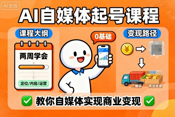 AI自媒体起号课程，0基础小白两周学会，教你自媒体实现商业变现-日入300副业网