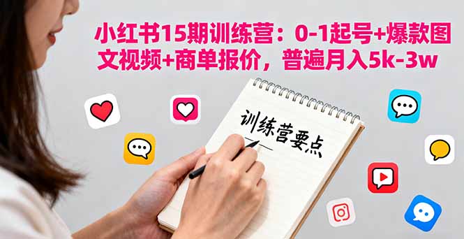 小红书15期训练营：0-1起号+爆款图文视频+商单报价，普遍月入5k-3w-日入300副业网