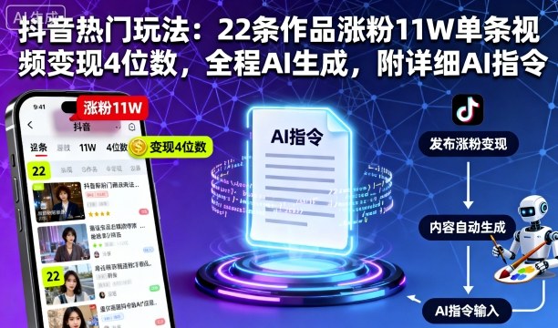 抖音热门玩法：22条作品涨粉11W单条视频变现4位数，全程AI生成，附详细AI指令-日入300副业网