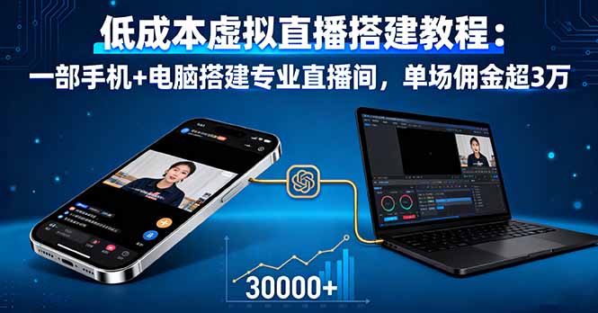 低成本虚拟直播搭建教程：一部手机+电脑搭建专业直播间，单场佣金超3万-日入300副业网