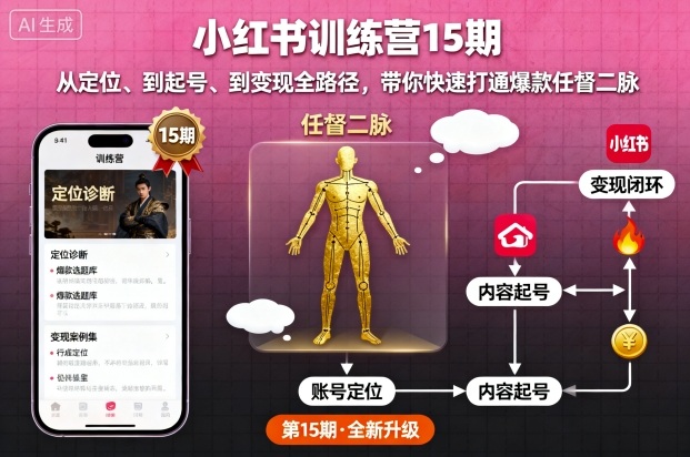 小红书训练营15期，从定位、到起号、到变现全路径，带你快速打通爆款任督二脉-日入300副业网