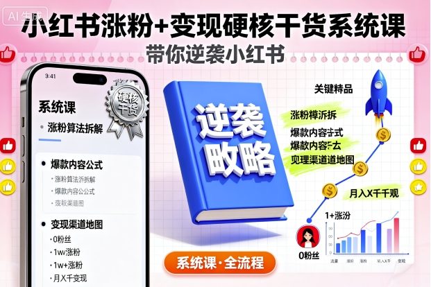 小红书涨粉+变现硬核干货系统课，带你逆袭小红书-日入300副业网