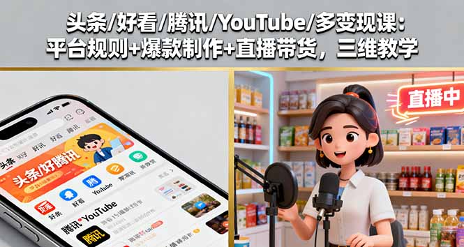 头条/好看/腾讯/YouTube/多变现课：平台规则+爆款制作+直播带货，三维教学-日入300副业网